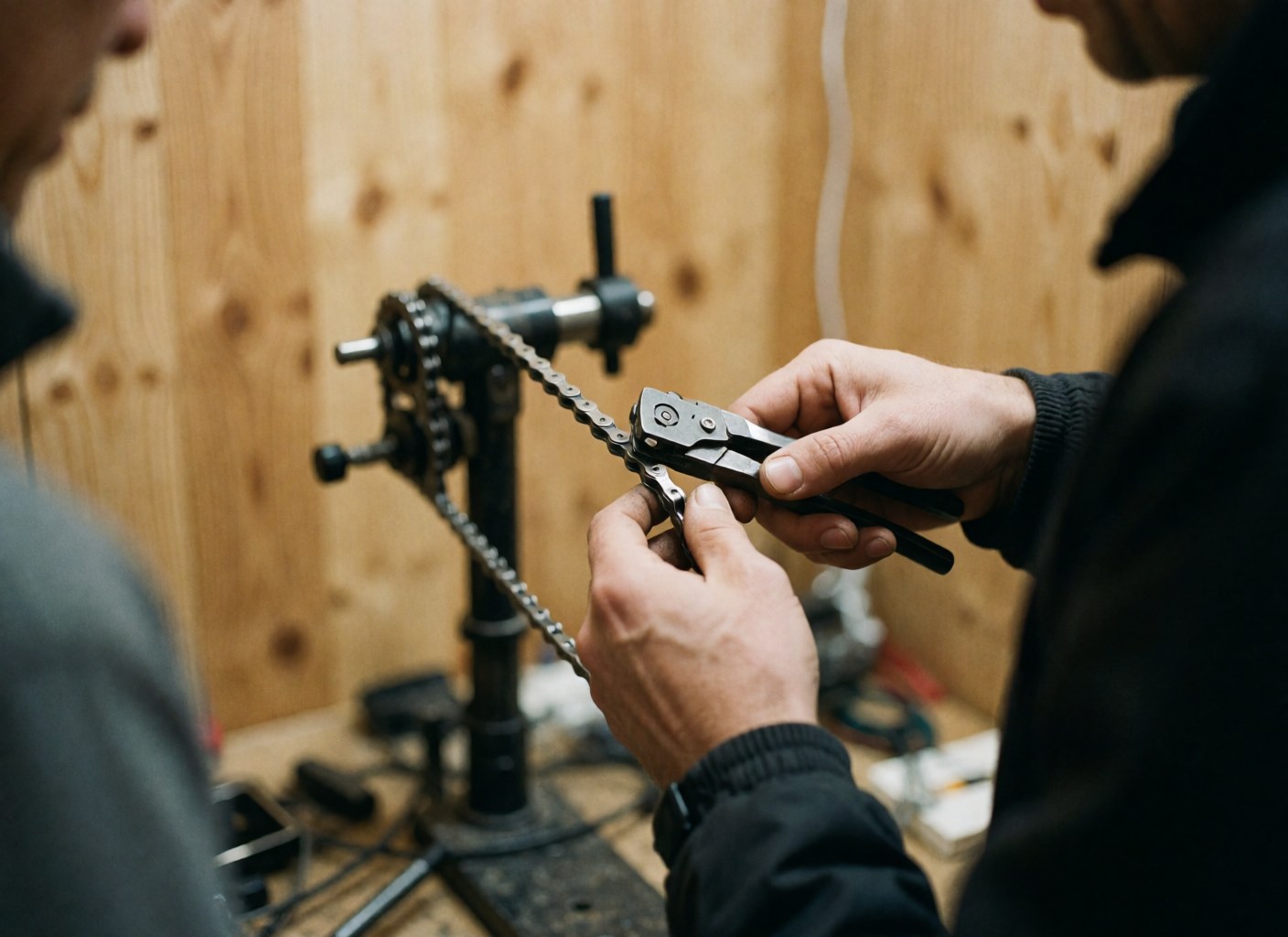 Close-up of hands using a specialized tool to cut a bicycle chain in a workshop with wooden walls and soft natural lighting