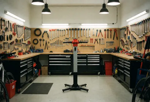A tidy and well-organized bicycle repair shop interior with tools and equipment neatly arranged on the walls and workbenches