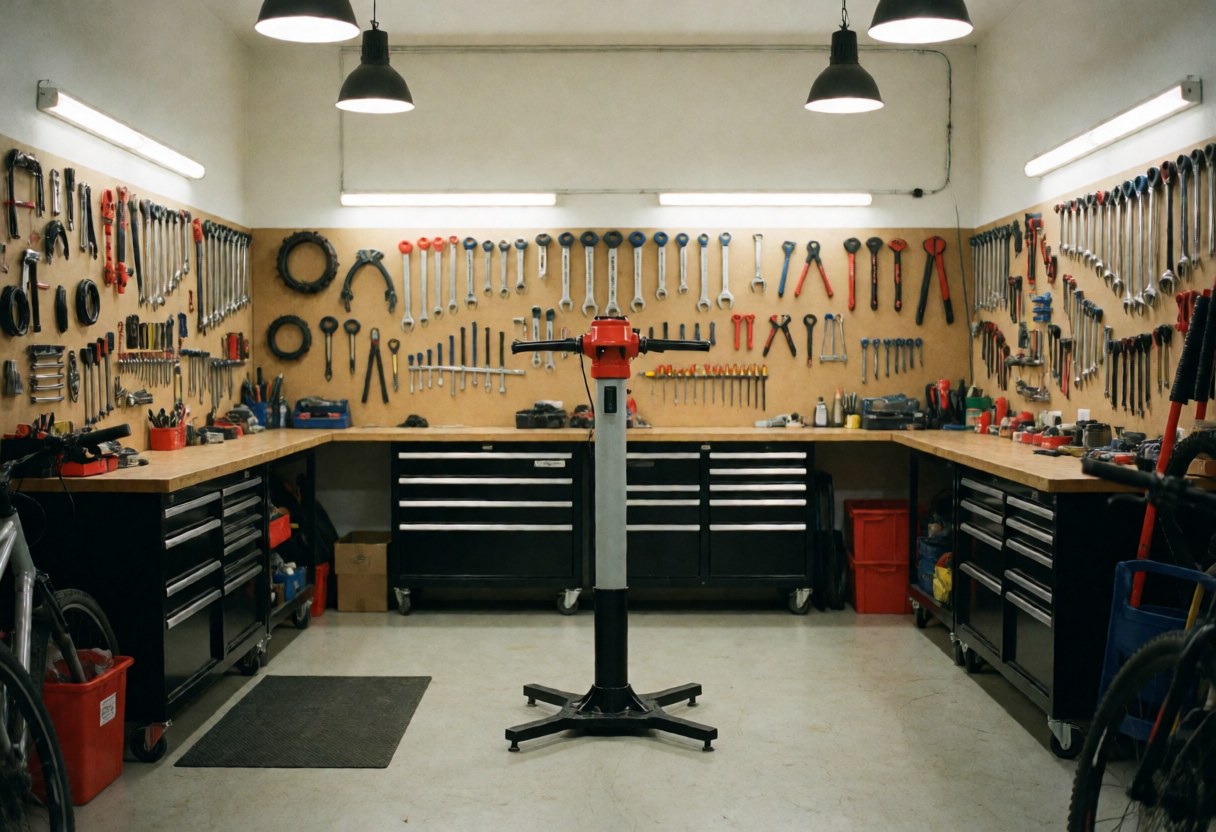 A tidy and well-organized bicycle repair shop interior with tools and equipment neatly arranged on the walls and workbenches