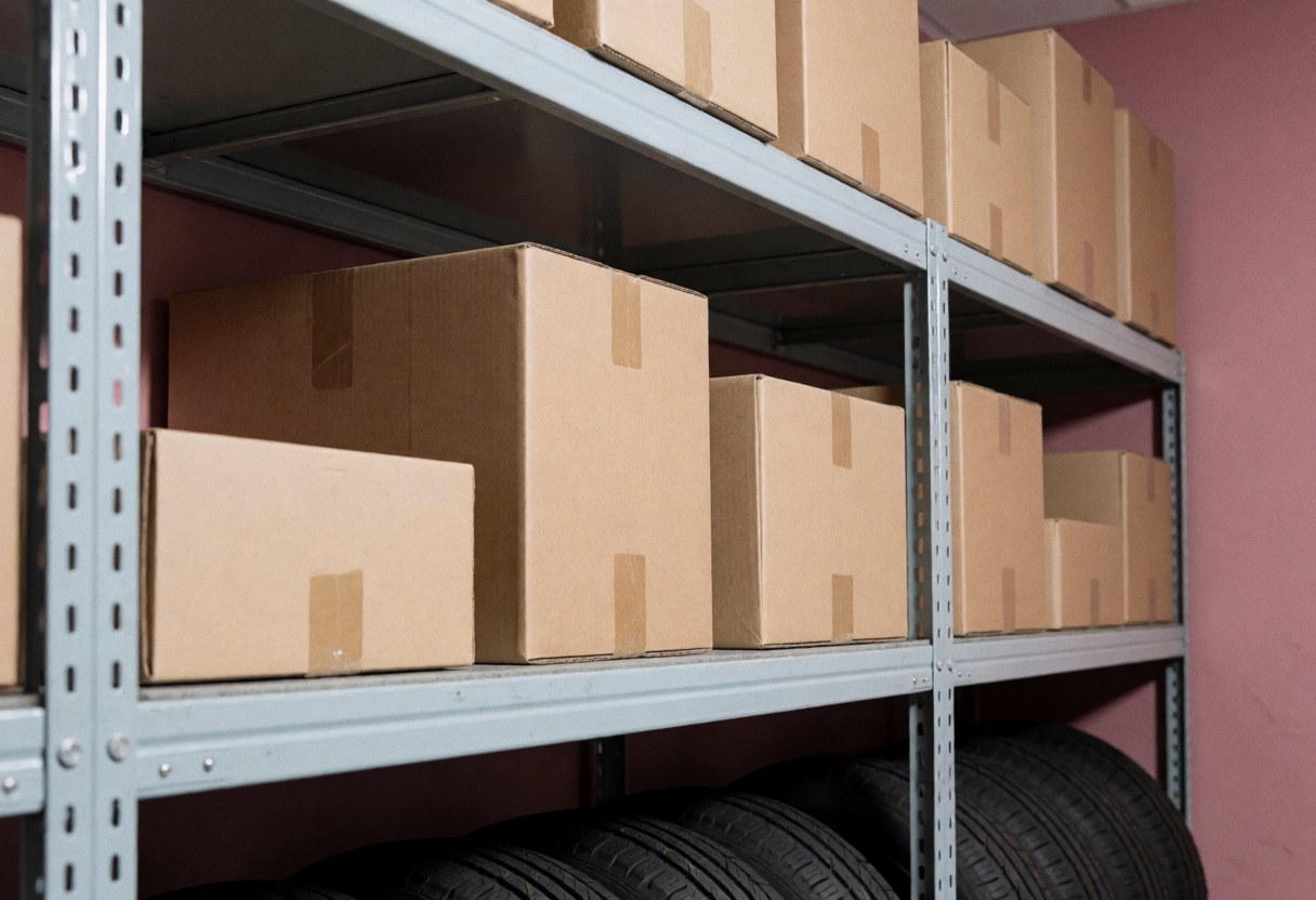 Neatly arranged bicycle repair parts stored on metal shelves and in cardboard boxes within a professional workshop with pink walls