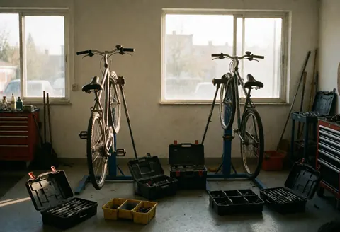 Bicycle repair workshop with two bikes on stands, open tools, and natural light entering through windows, creating a calm and professional atmosphere.