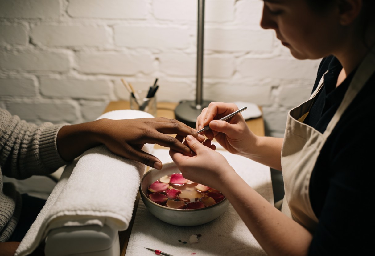 A close-up view of a therapist applying oil to a client's hand during a relaxing manicure treatment in a warm, professional salon setting