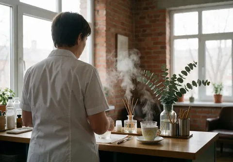 Therapist preparing a tea station with an eucalyptus diffuser in an aromatherapy home with brick wall and natural light