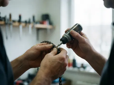 Close-up view of hands applying lubricant to a bicycle chain using tools in a workshop setting with natural light