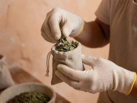 Close-up of gloved hands arranging dried aromatic leaves into a small linen pouch for aromatherapy preparation