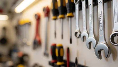 Warmly lit workshop background featuring hanging wrenches and screwdrivers, with a blurred effect suitable for text overlays.