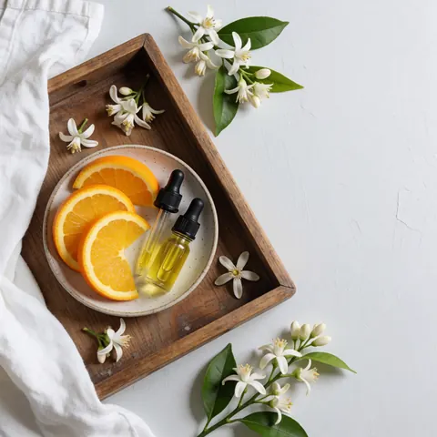 Wooden tray holding fresh orange slices, essential oil bottles, and orange blossoms for home aromatherapy and wellness
