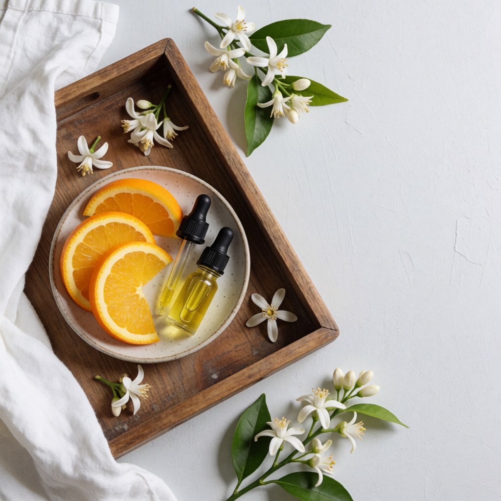 Wooden tray holding fresh orange slices, essential oil bottles, and orange blossoms for home aromatherapy and wellness