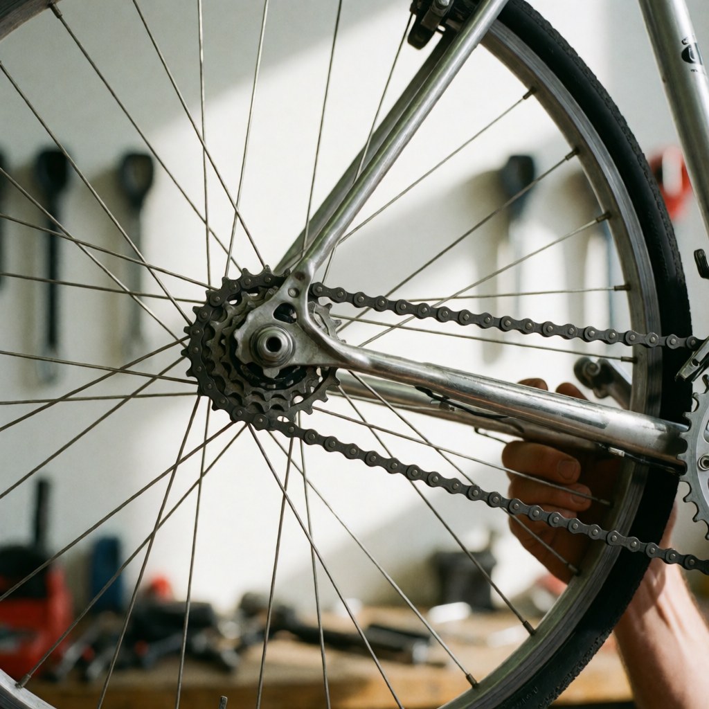 Close-up view of a newly installed bicycle chain and transmission system in a repair workshop setting