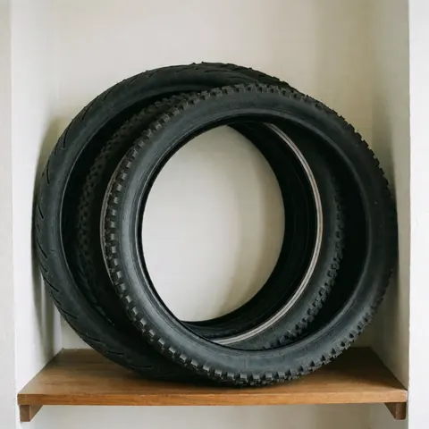 Several bicycle tires arranged neatly on a wooden shelf against a white wall, showcasing tread texture and shape for product display