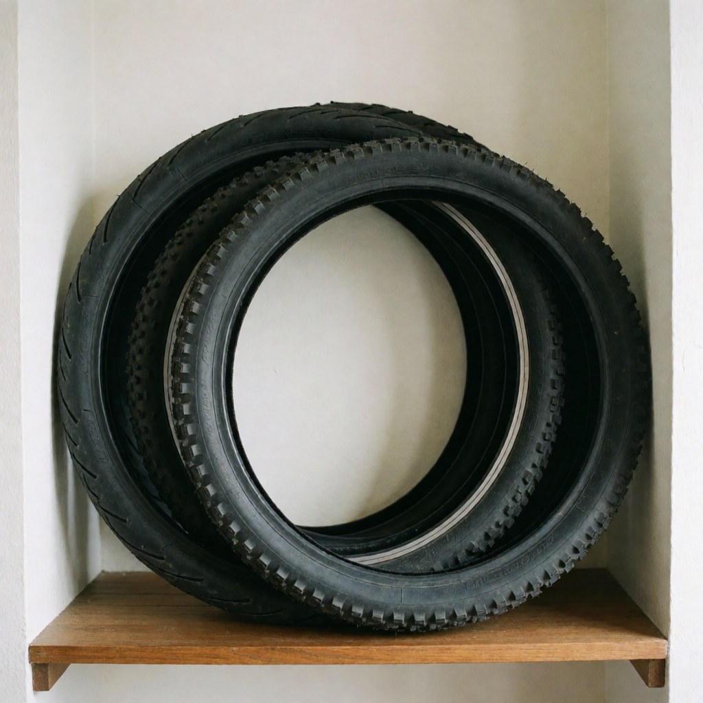 Several bicycle tires arranged neatly on a wooden shelf against a white wall, showcasing tread texture and shape for product display