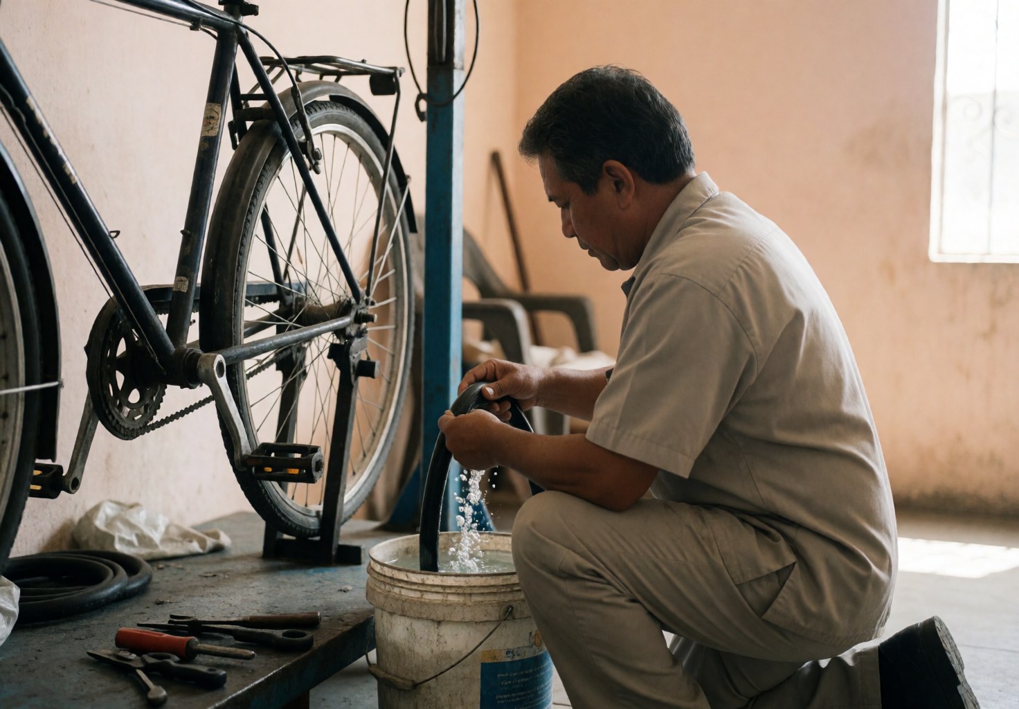 Close-up view of hands submerging a bicycle inner tube in water to locate air bubbles indicating a puncture during repair work