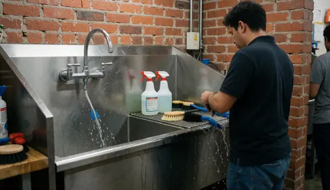 A brick-walled bicycle cleaning station featuring a faucet, brushes, and cleaning supplies for maintaining bikes.