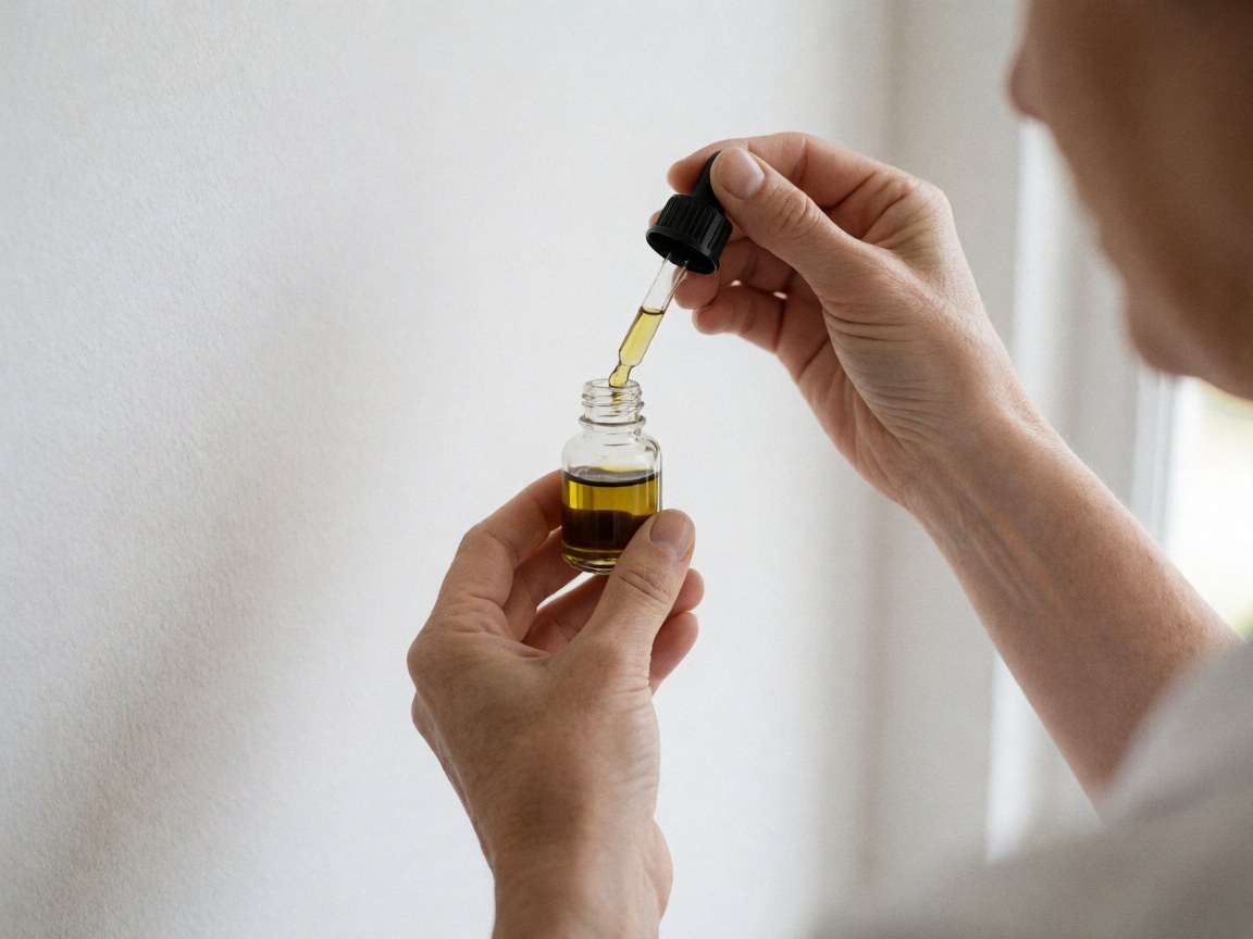 Close-up of hands blending essential oils in a glass bottle with a dropper, showcasing a professional and natural aromatherapy setting.
