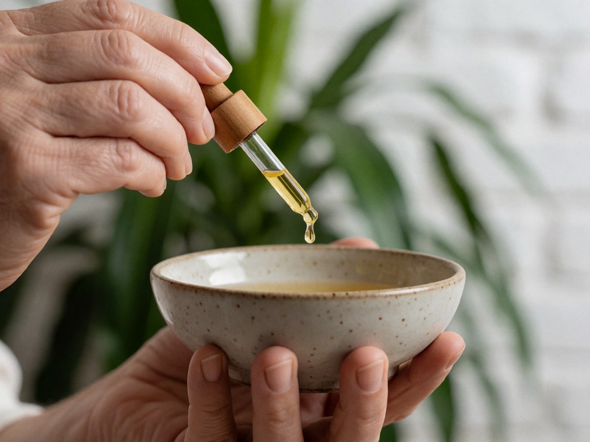 Close-up of agave oil drops falling from a wooden pipette into a ceramic cup with green plants and white brick wall in the background