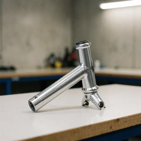 Close-up view of new bicycle headset bearings with polished metal surfaces, displayed against a blurred background in a bike repair workshop setting