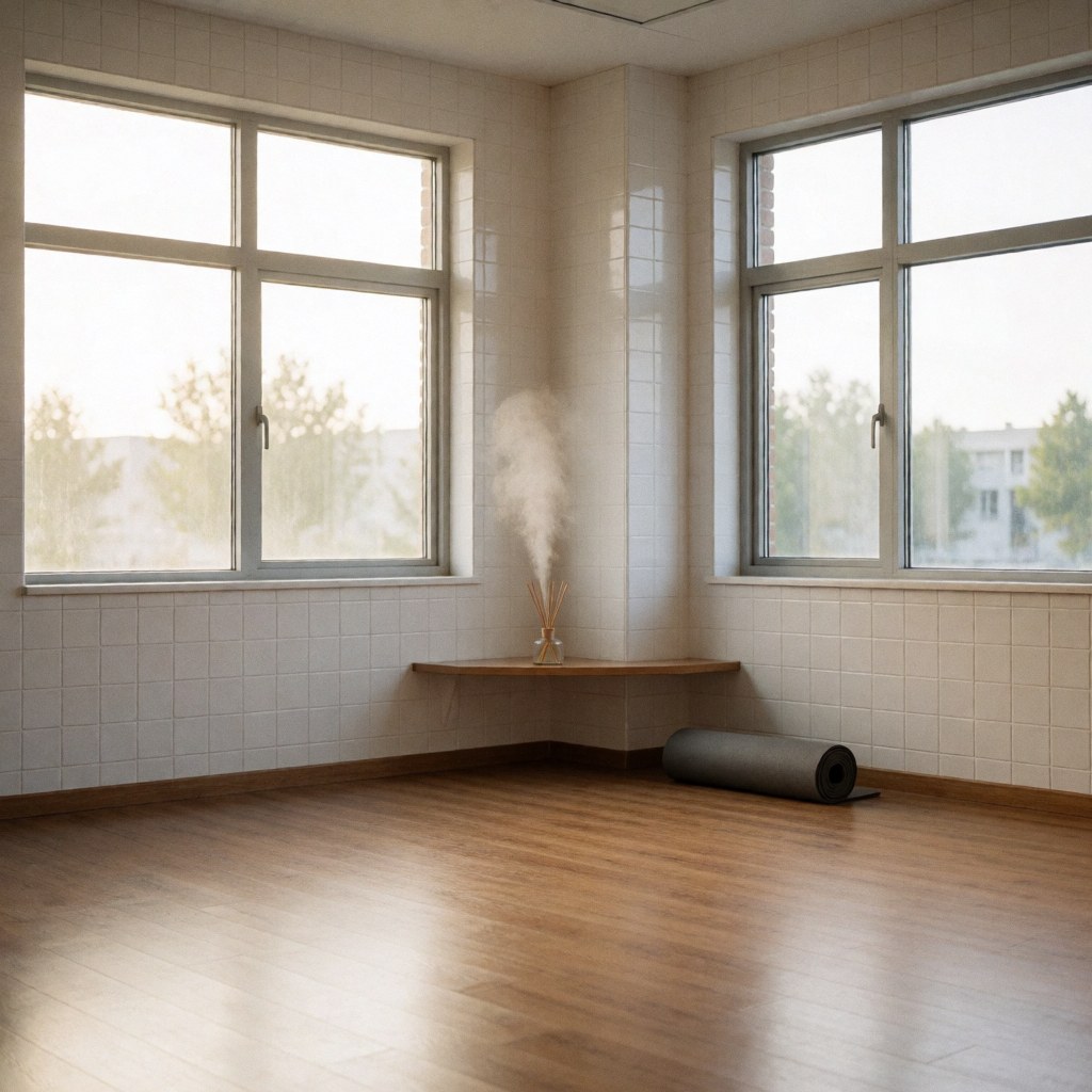 Empty yoga studio featuring an aromatherapy diffuser, rolled yoga mat, wooden floor, white ceramic walls, and natural light from windows creating a serene minimalist atmosphere.