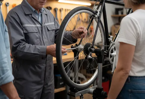 Bike mechanic uses a truing stand to adjust a bicycle wheel while customers watch the repair process in the workshop.