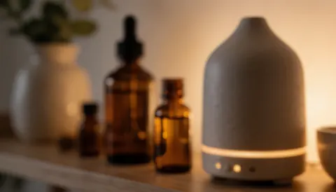 Warm background featuring an aromatherapy diffuser and essential oil bottles, ideal for text overlays in studio or home settings