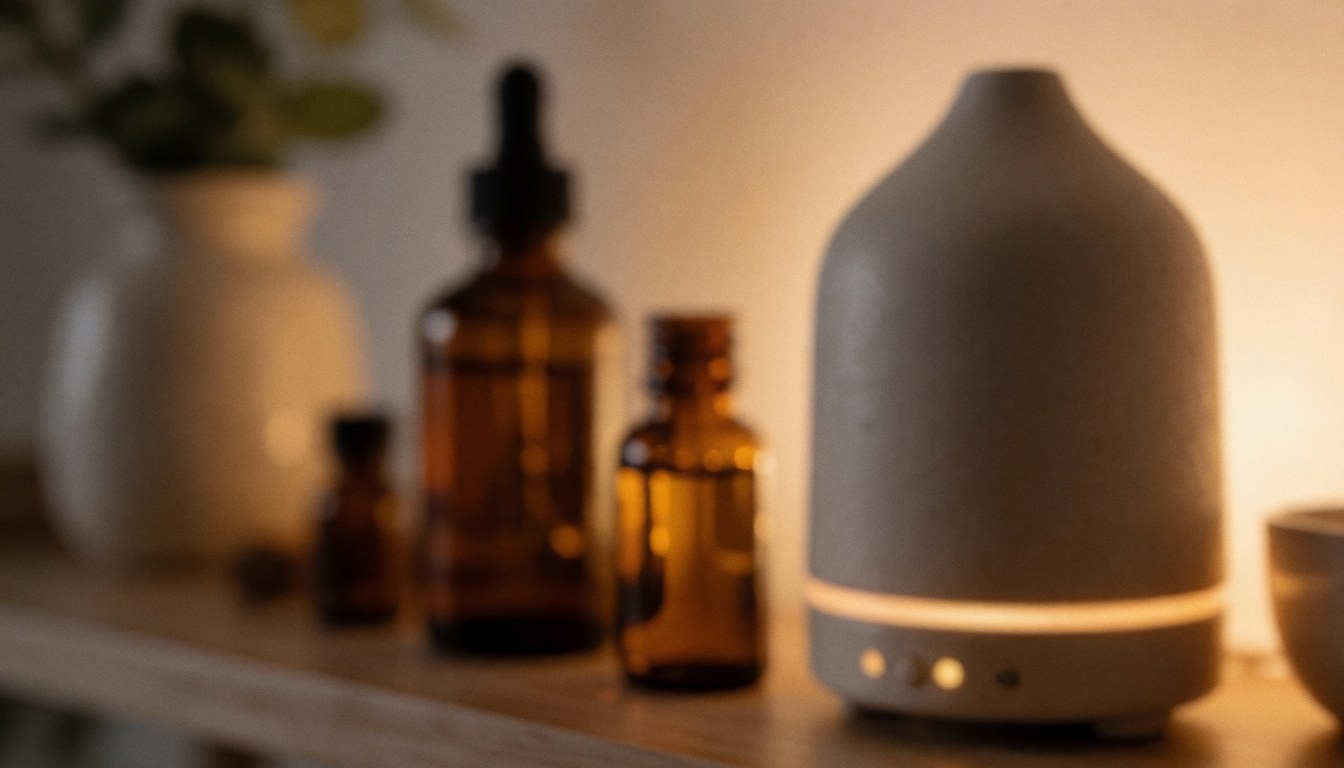 Warm background featuring an aromatherapy diffuser and essential oil bottles, ideal for text overlays in studio or home settings