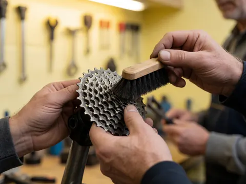 Close-up of hands using a brush to clean a bicycle cassette in a repair shop with blurred tools and a yellow wall in the background