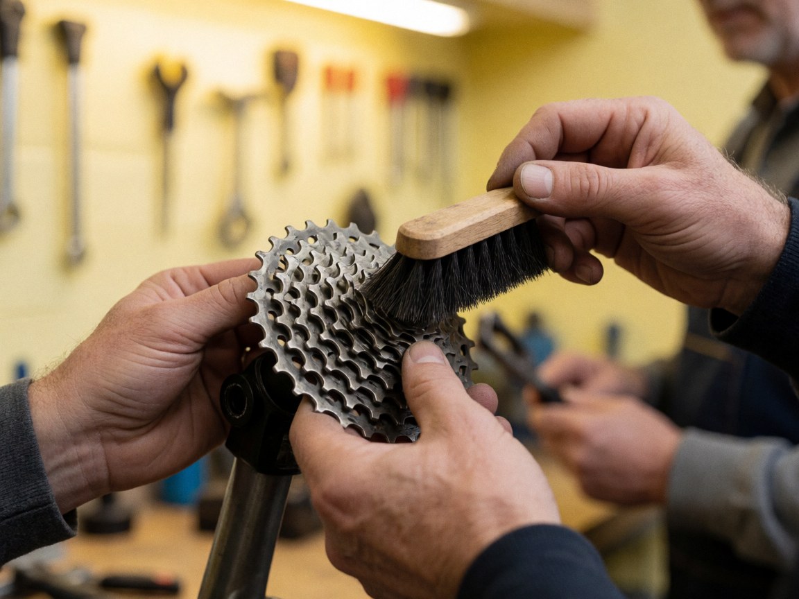 Close-up of hands using a brush to clean a bicycle cassette in a repair shop with blurred tools and a yellow wall in the background