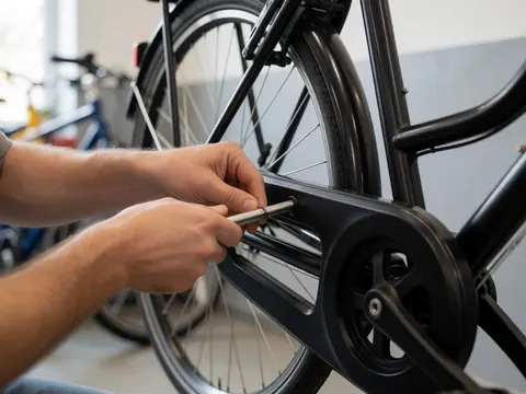 Detailed view of hands using a tool to adjust a screw on a black bicycle fender during urban bike maintenance