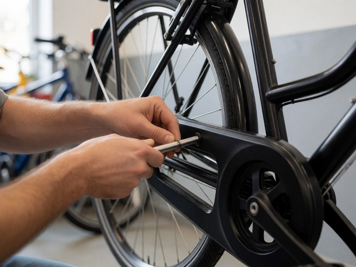 Detailed view of hands using a tool to adjust a screw on a black bicycle fender during urban bike maintenance