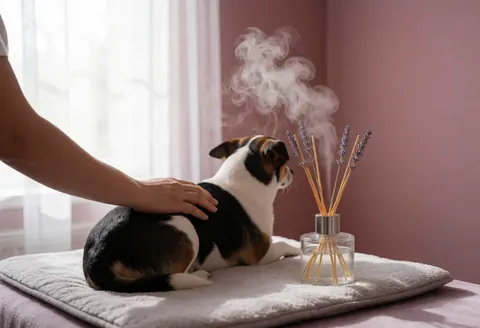 A calm dog enjoys a lavender aromatherapy session while a hand gently strokes it in a cozy, quiet room.