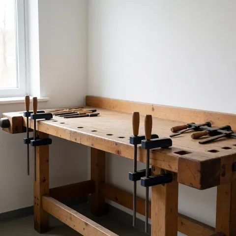 A robust wooden workbench equipped with various carpentry tools and nails, set up for professional furniture repair and woodworking tasks in a workshop environment.