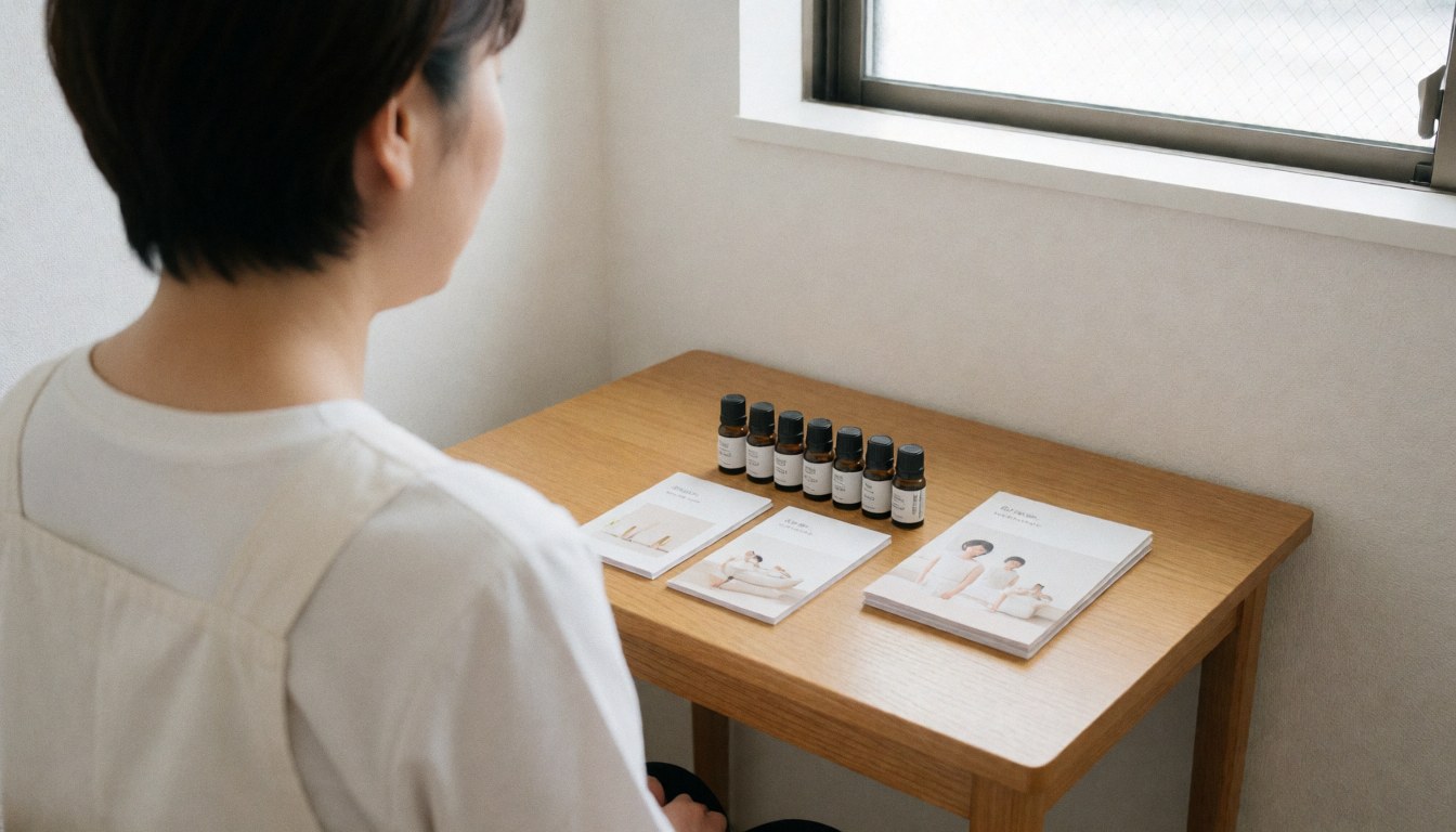 Therapist with essential oils and brochures on wooden table, natural light, space for title