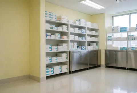 Osteopathy storage area featuring metal shelves stacked with glove boxes and stainless steel cabinets against pale yellow walls with polished reflective flooring