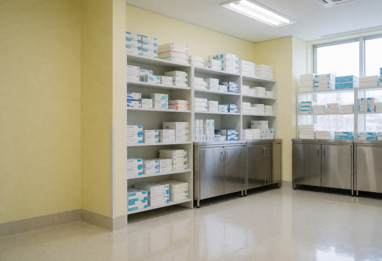 Osteopathy storage area featuring metal shelves stacked with glove boxes and stainless steel cabinets against pale yellow walls with polished reflective flooring