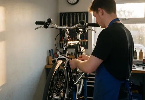 A mechanic inspects the brake system of a bicycle using tools in a well-lit workshop environment.