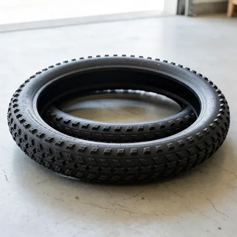 Close-up of durable bicycle tires ready for urban repair, showcasing tread and rubber texture on a concrete floor in a workshop setting
