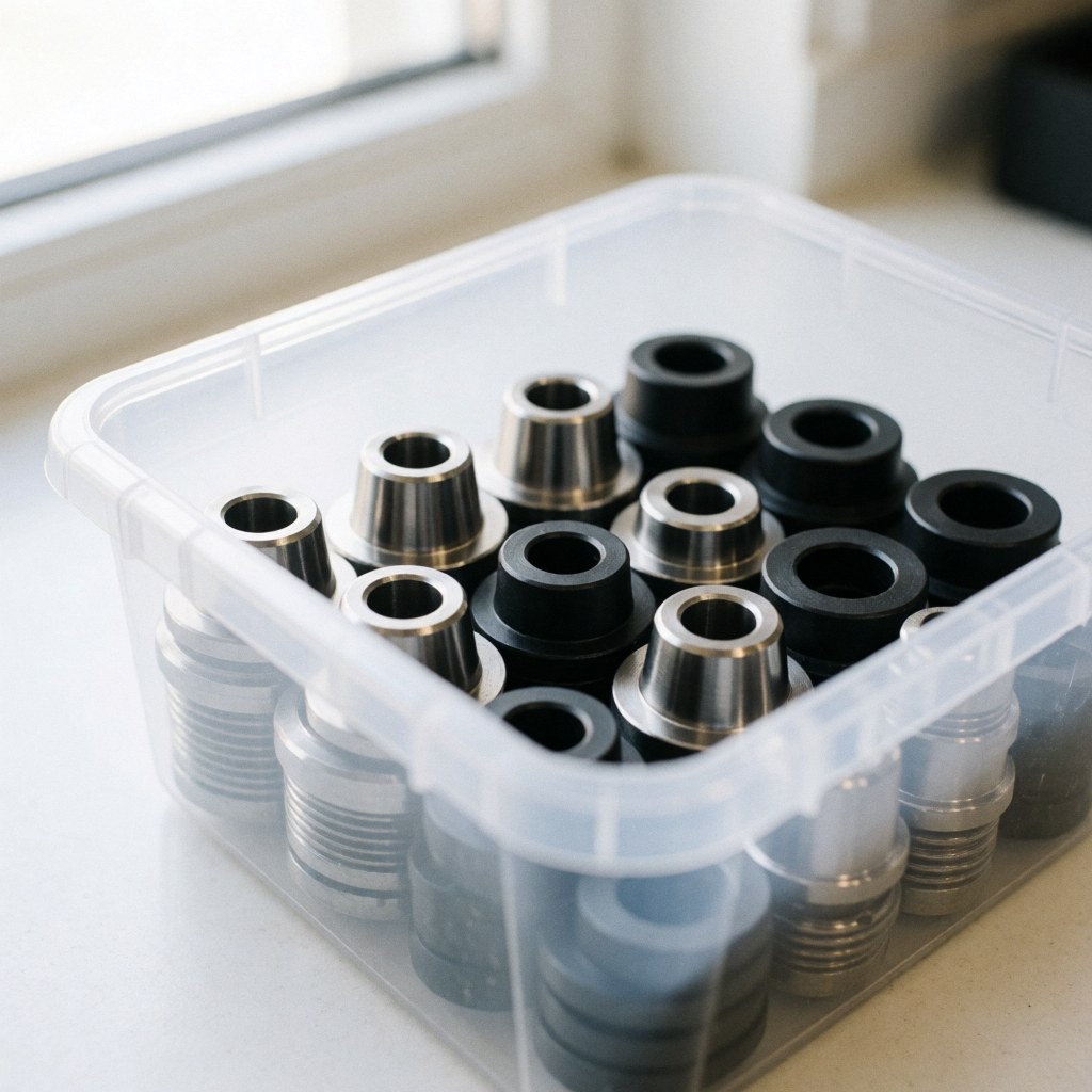 Clear plastic container holding bicycle repair components, metal and black washers, and axle cones in a well-lit workshop with a clean background.