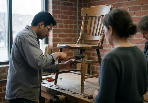 Carpenter using a screwdriver to repair a wooden chair on a workbench while two people watch the furniture restoration process.