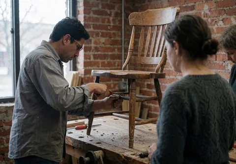 Carpenter using a screwdriver to repair a wooden chair on a workbench while two people watch the furniture restoration process.