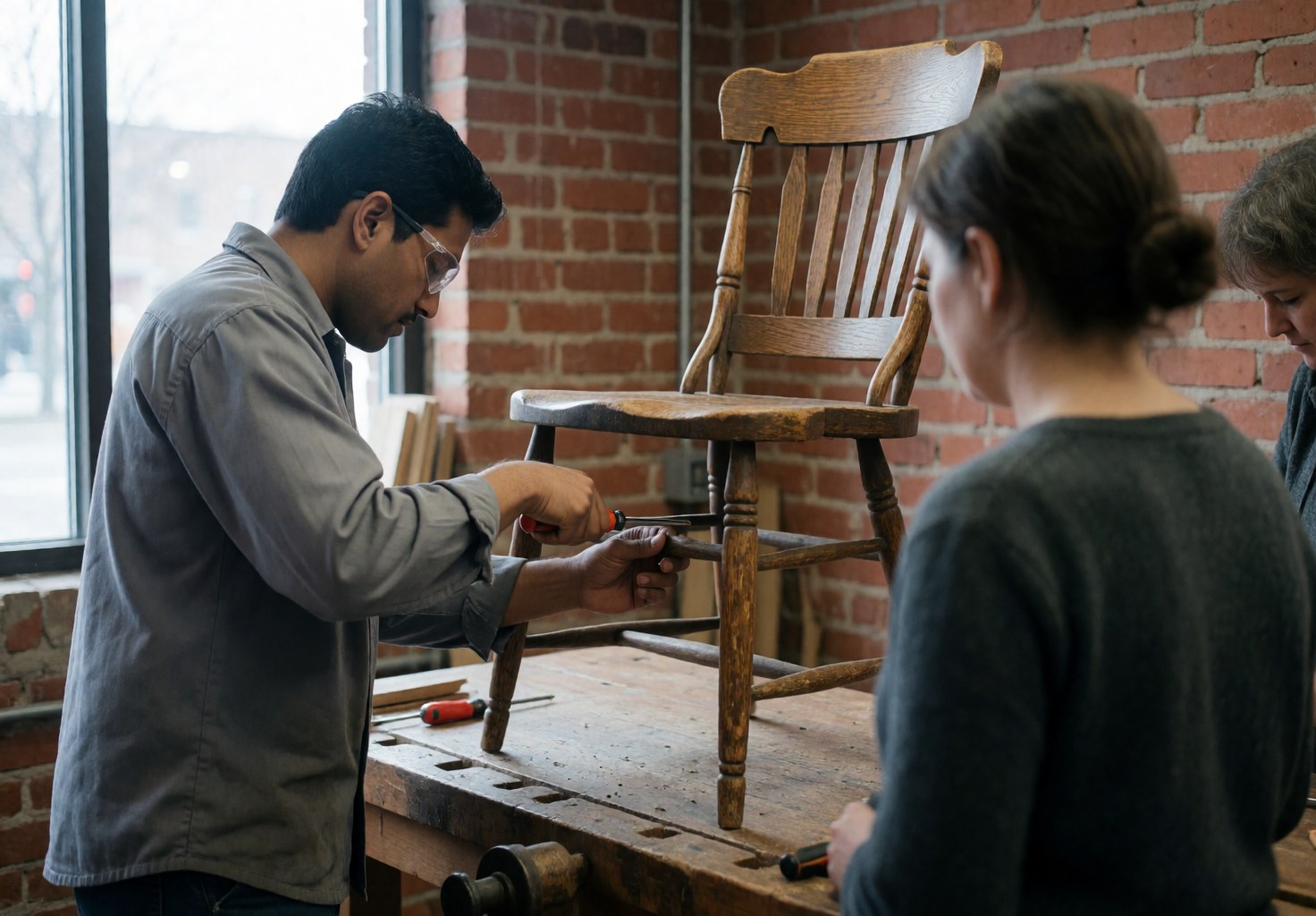 Carpenter using a screwdriver to repair a wooden chair on a workbench while two people watch the furniture restoration process.