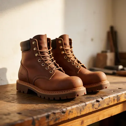 Close-up of worn leather boots being repaired with a new industrial rubber sole in a workshop setting