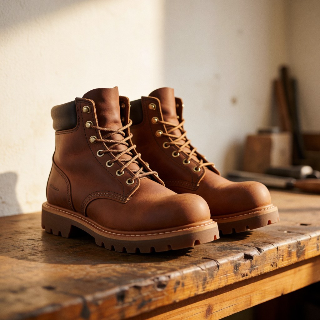 Close-up of worn leather boots being repaired with a new industrial rubber sole in a workshop setting