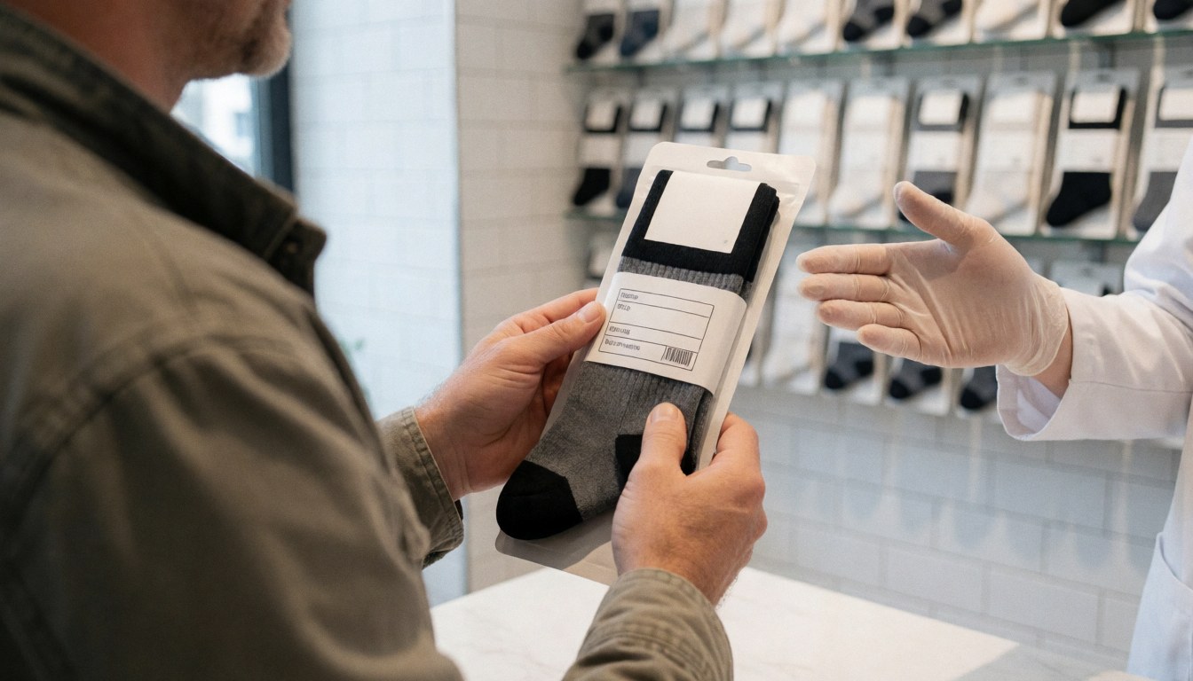 A podiatrist in gloves explains compression socks to a client in a clean clinic with white tiled walls and product shelves.