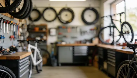 Interior of a professional bicycle repair workshop featuring hanging wheels, wall-mounted tools, and blurred bikes in the background.