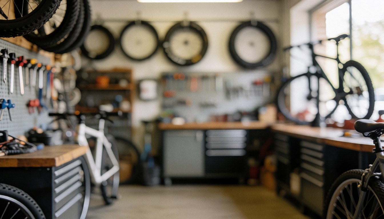 Interior of a professional bicycle repair workshop featuring hanging wheels, wall-mounted tools, and blurred bikes in the background.