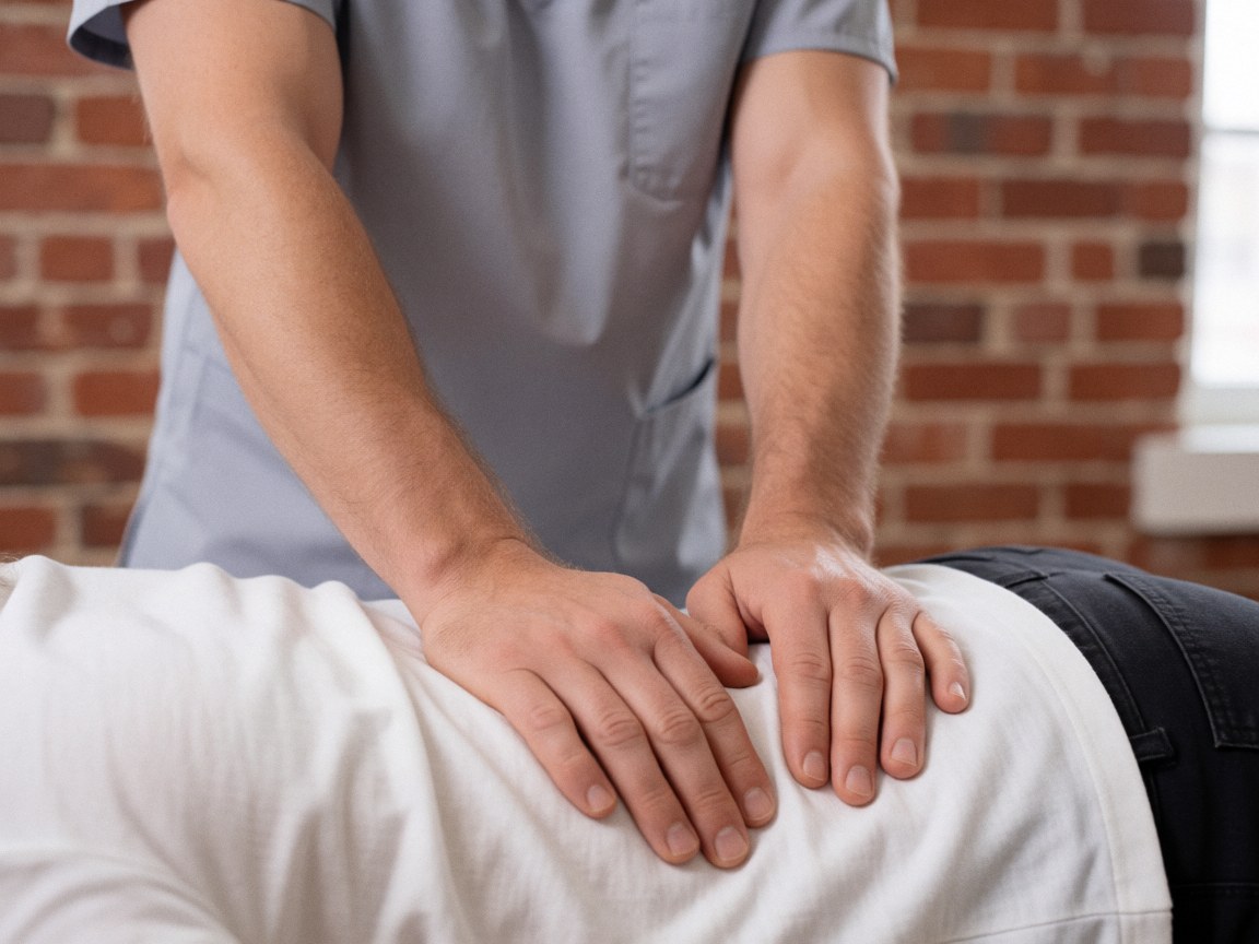 Close-up of professional hands massaging a back with blurred brick walls in the background, conveying calm and professionalism.