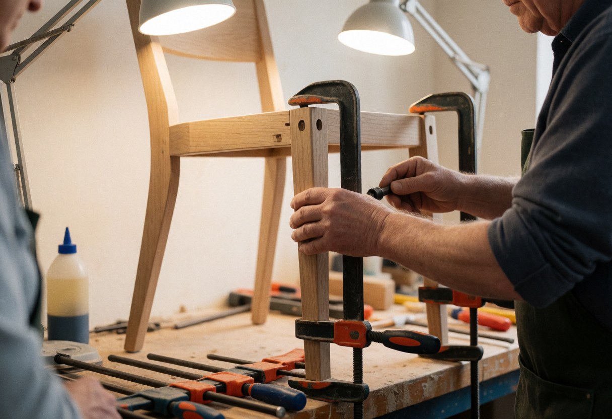Professional carpenter repairing a wooden chair using clamps and glue in a well-lit workshop with tools visible around the workspace.