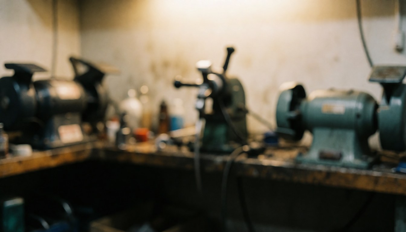 A blurred background of a sharpening station with tools and equipment, suitable for text overlay in business contexts.