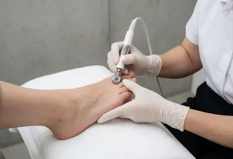 Close-up of a podiatrist's gloved hand using a rotating tool to treat and remove calluses from a patient's foot during a professional foot care service