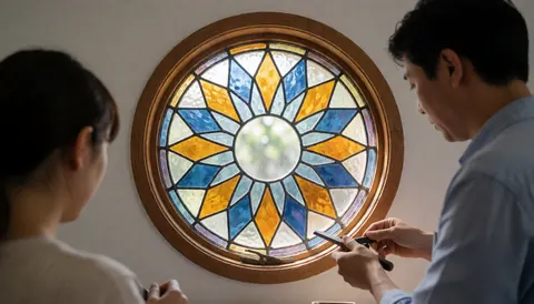 A craftsman installs a decorative geometric glass window in a home interior, highlighting natural light and wooden details.