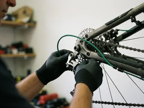 Detailed view of a mechanic performing a precise adjustment on a bicycle component using specialized tools in a workshop setting